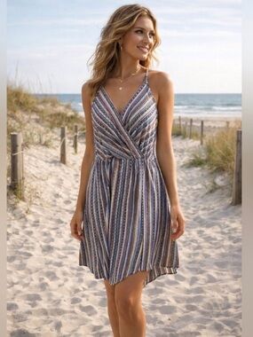 BCBG Striped V-Neck Summer Sundress - Blue Multi